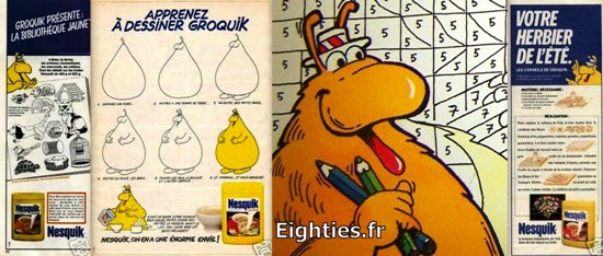 ANNEES, 80, 80's, eighties, Groquik, Groquick, Grosquick, Grosquik, Nesquik, Nesquick, NESTLE, Chocolat, mascotte, EMBLEME, enfance, trentenaires, pubs, PUBLICITE